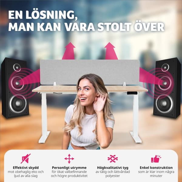 Skrivbordsvägg, avskiljare Noisy med rundade hörn - 160 x 40 cm, grå