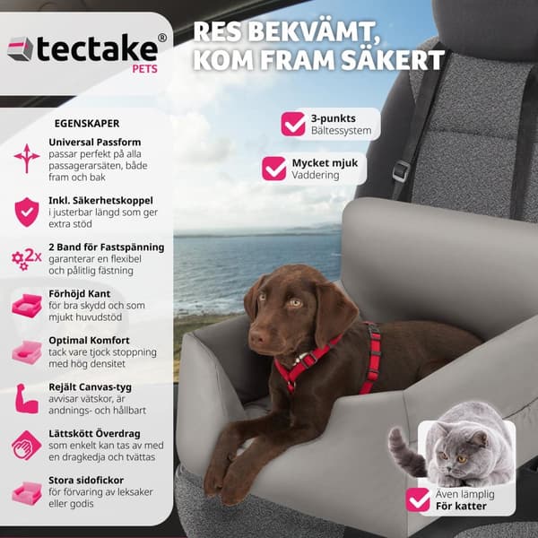 Hundbilstol Milow, vadderad, med säkerhetskoppel - grå