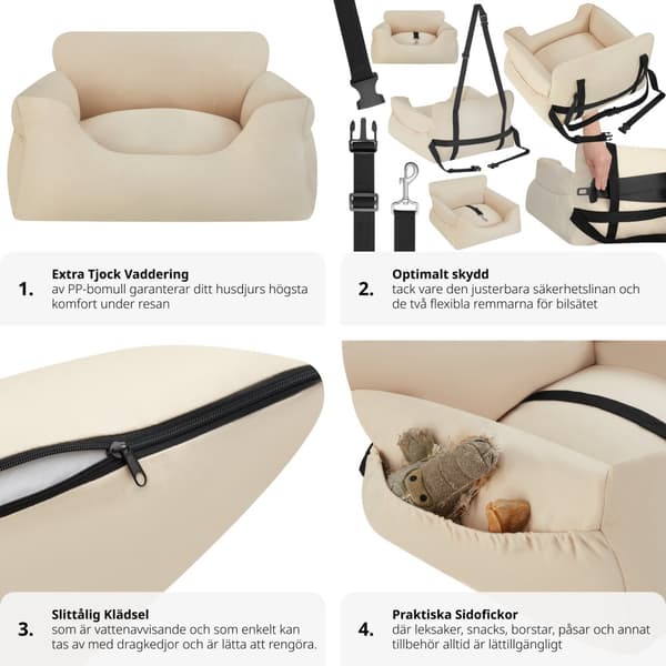 Hundbilstol Milow, vadderad, med säkerhetskoppel - beige