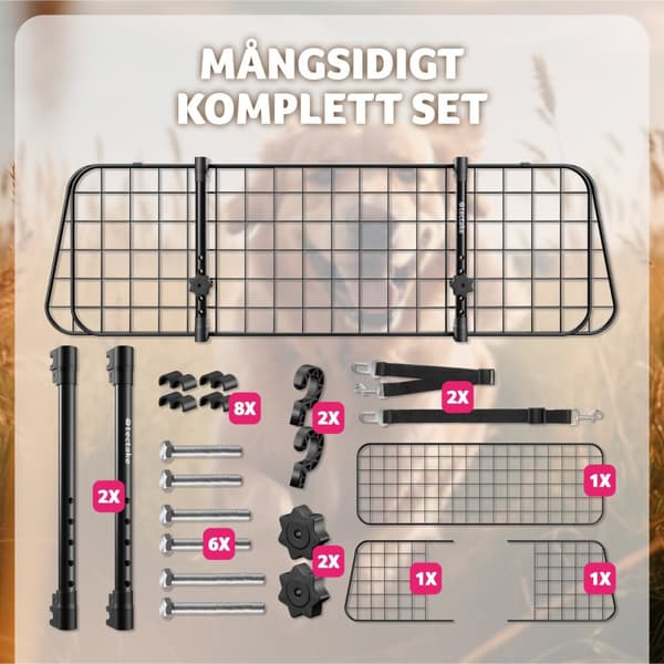 Hundskyddsgaller Balu, breddjusterbar, 2 säkerhetsbälten - svart