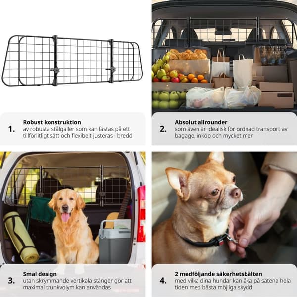 Hundskyddsgaller Balu, breddjusterbar, 2 säkerhetsbälten - svart