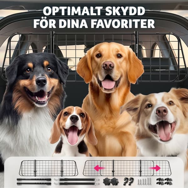 Hundskyddsgaller Balu, breddjusterbar, 2 säkerhetsbälten - svart