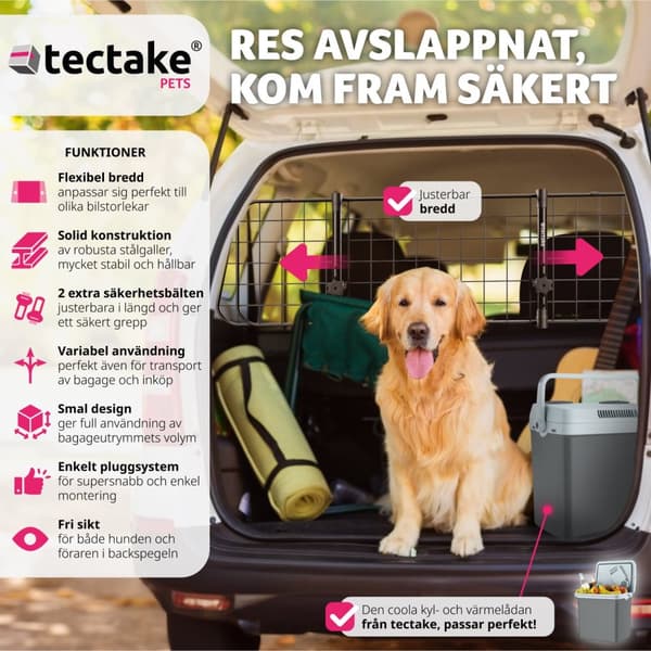 Hundskyddsgaller Balu, breddjusterbar, 2 säkerhetsbälten - svart