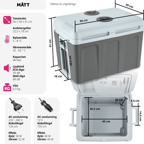 Elektrisk kyl- och värmebox med handtag och hjul, 40 liter - grå