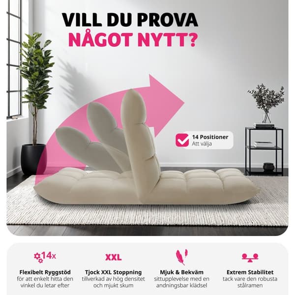 Avslappningsfåtölj Snooze, 2 i 1, sammet, 14-stegs justerbar - beige