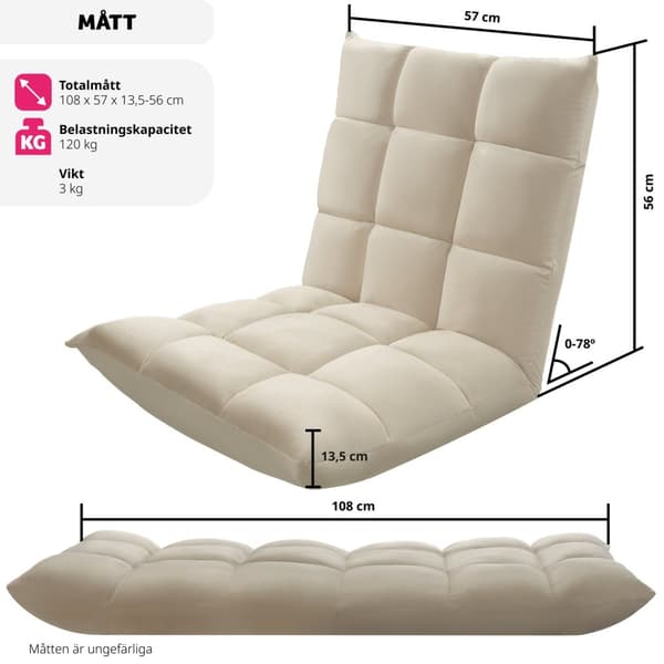 Avslappningsfåtölj Snooze, 2 i 1, sammet, 14-stegs justerbar - beige