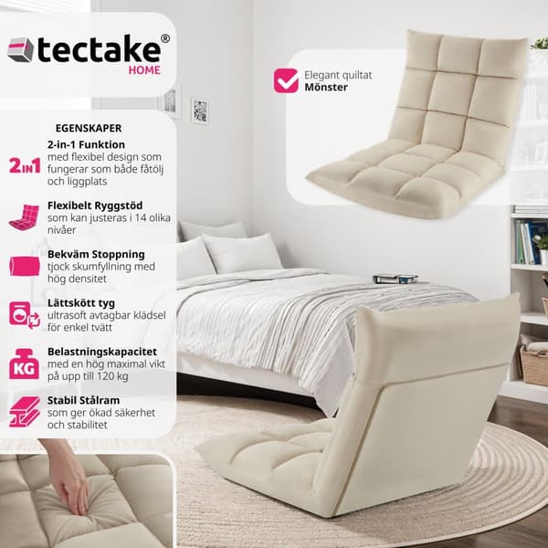 Avslappningsfåtölj Snooze, 2 i 1, sammet, 14-stegs justerbar - beige
