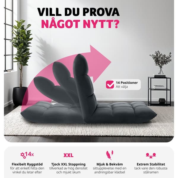 Avslappningsfåtölj Snooze, 2 i 1, sammet, 14-stegs justerbar - grå