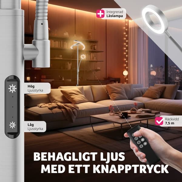Golvlampa Auralis LED 20W, läslampa med dimmer - Matt nickel