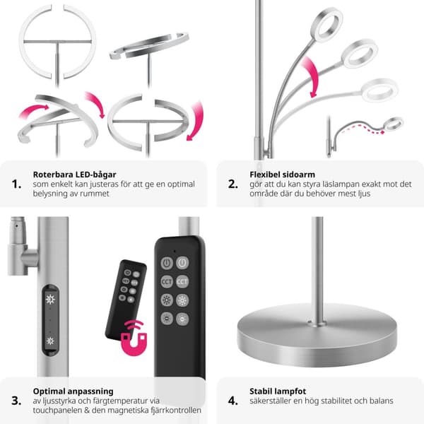 Golvlampa Auralis LED 20W, läslampa med dimmer - Matt nickel