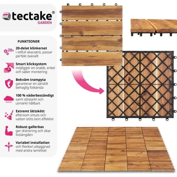 20-pack terrassplattor Tabula i akacieträ, 4 lameller per platta - brun