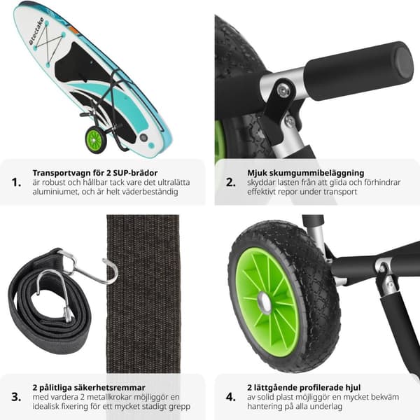 Transportvagn för surfbräda WaveWheel, hopfällbar, för 2 brädor - svart/grön