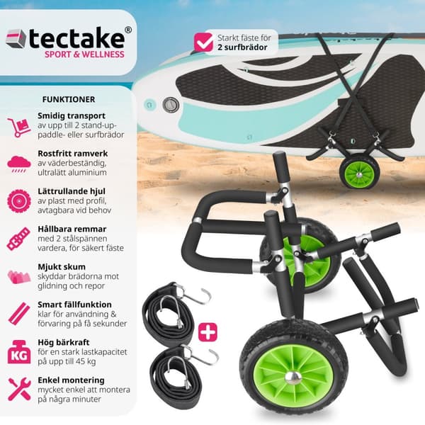 Transportvagn för surfbräda WaveWheel, hopfällbar, för 2 brädor - svart/grön