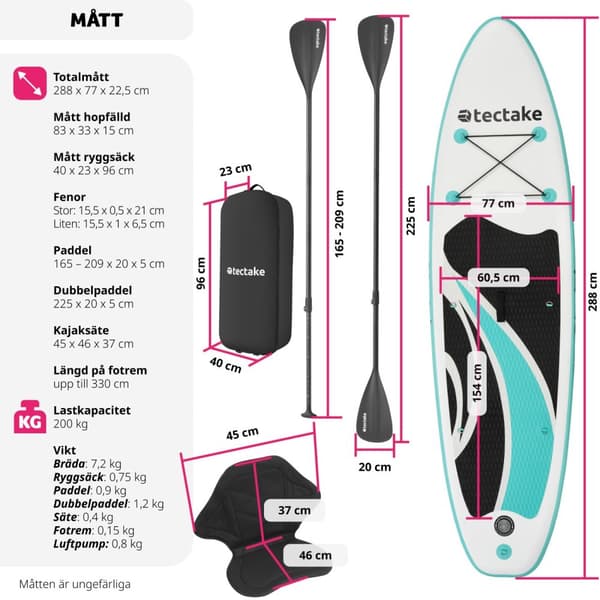 Stand-Up Paddle Board Zenon, 2-i-1 uppblåsbar, komplett set - vit/turkos