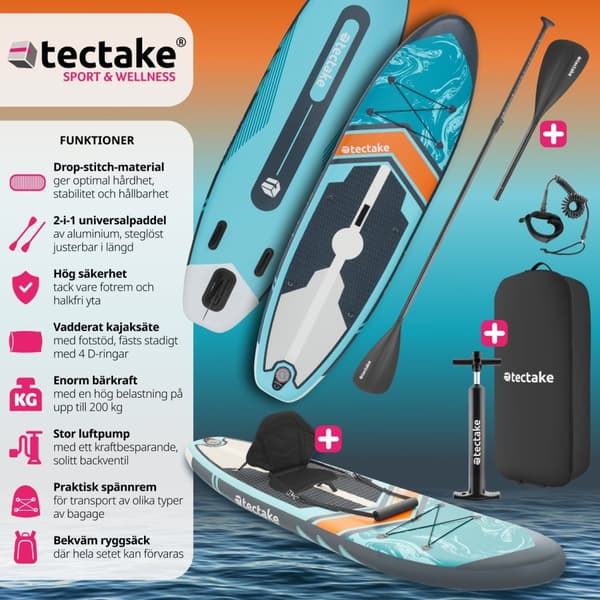 Stand-Up Paddle Board Zenon, 2-i-1 uppblåsbar, komplett set - turkos/orange