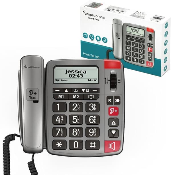 Amplicomms Powertel 196 senior fastnettelefon | store nøgler | høreapparatkompatibelt