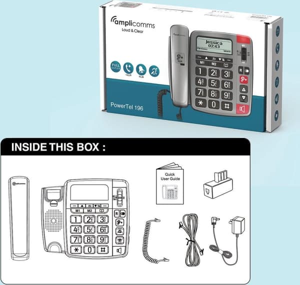 Amplicomms Powertel 196 senior fastnettelefon | store nøgler | høreapparatkompatibelt