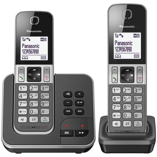 Panasonic KX-TGD322FRG trådløs telefon digital telefonsvarer, base og 2 håndsæt, håndfri, nummervisning