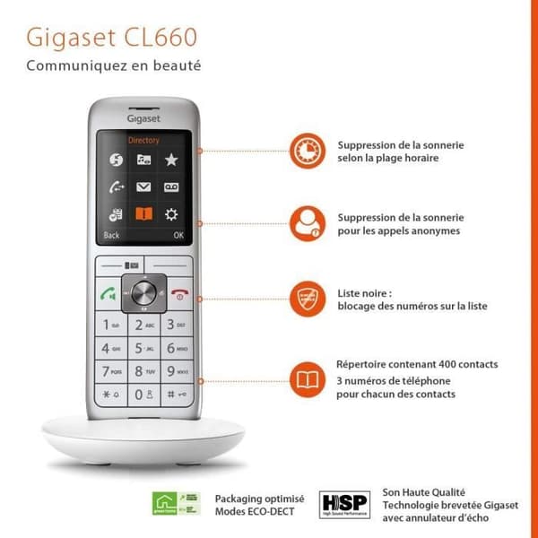 GIGASET CL 660 Hvid Fastnettelefon - Baggrundsbelyst farveskærm - 400 kontakter - Håndfri