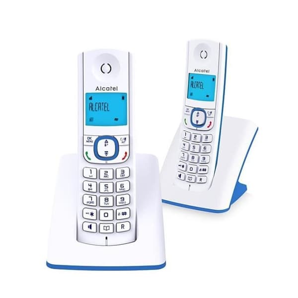 Trådlös telefon - ALCATEL - F530 Duo - 2 handenheter, samtalsblockering, handsfree, 2 direktminnen, Vit/Blå