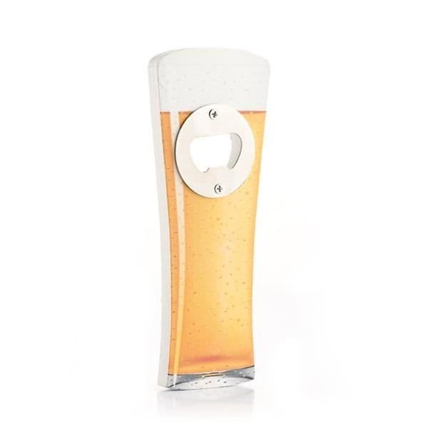 Flasköppnare i form av ett glas fyllt med öl