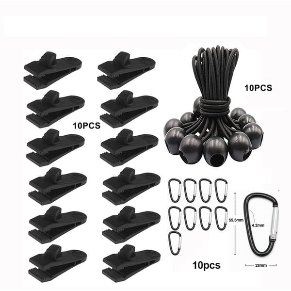 INF Markiseklemsett: 10 teltklemmer + 10 elastiske tau + 10 D-ringer