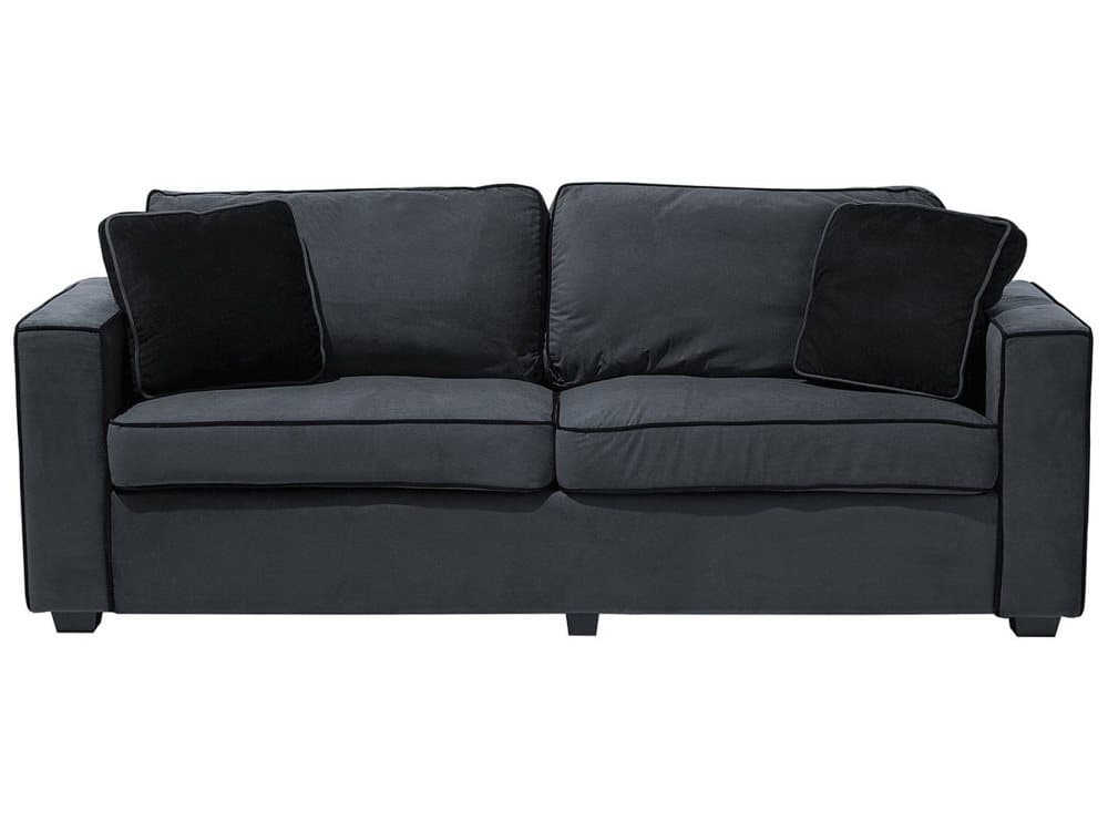 Soffa 3-sits sammet mörkgrå med svarta kuddar FALUN