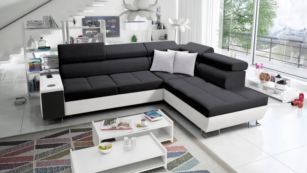 MORENA VII BÄDDSOFFA 283x221 HÖGER VIT/ SVART