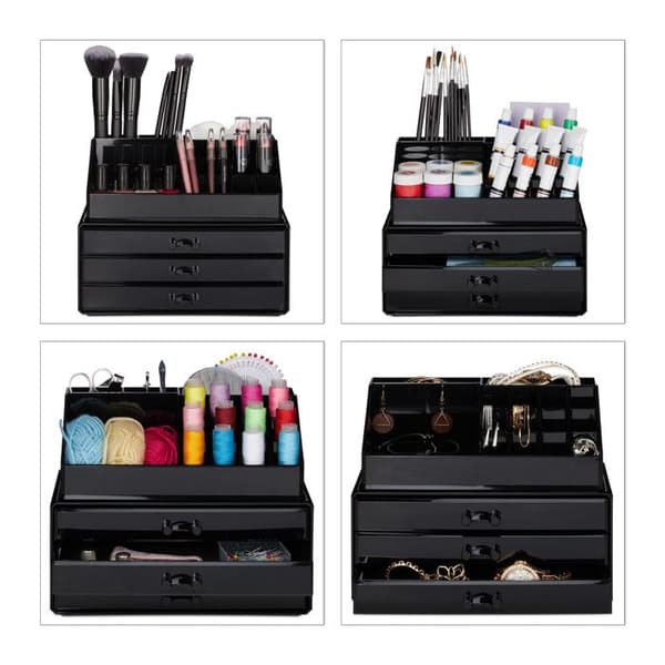 Relaxdays Makeup Organizer, Sminkförvaringslåda med lådor, stapelbart ställ, svart