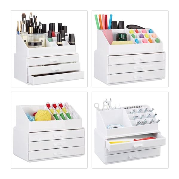 Relaxdays Makeup organizer, Make up förvaringslåda med lådor, Stapelbart ställ, Vit