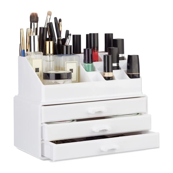 Relaxdays Makeup organizer, Make up förvaringslåda med lådor, Stapelbart ställ, Vit