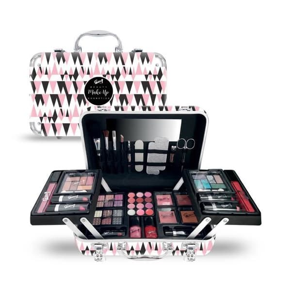 Malmott för smink XXXL - GLOSS - Design i Rosa och Svart - Ögonskuggor - Läppglans - Rouge