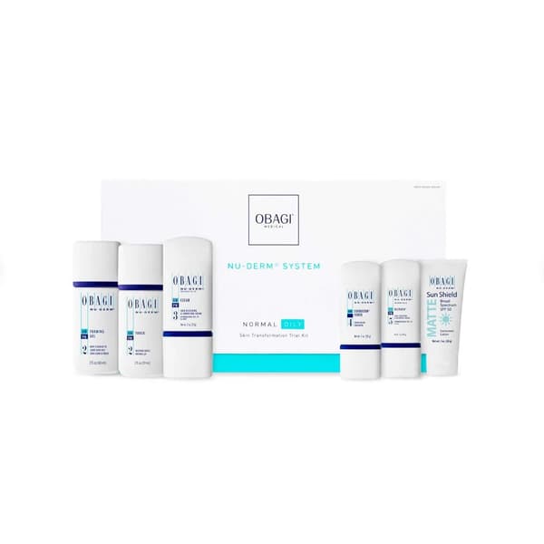 Obagi® Nu-Derm testkit för normal till fet hud: Obagi® Nu-Derm skummande gelrengöring, Obagi® Nu-Derm toner, Obagi® Nu-Derm Clear Fx