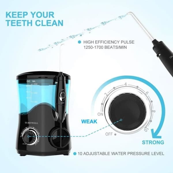 TUREWELL Hydropulseur Jet Dentaire med 8 multifunktionella munstycken, kapacitet på 600ml, 10 vattentrycksinställningar, godkänd av FDA/CE