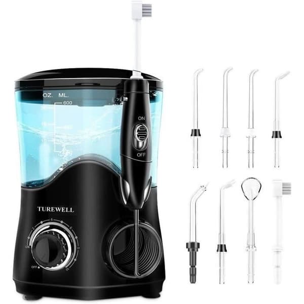 TUREWELL Hydropulseur Jet Dentaire med 8 multifunktionella munstycken, kapacitet på 600ml, 10 vattentrycksinställningar, godkänd av FDA/CE