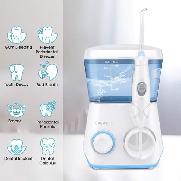 TUREWELL Jet Tandvattnare - Med 8 Multifunktionella Munstycken, 10 Vattentrycksinställningar, IPX7 Vattentät, 600ML Tandirrigator