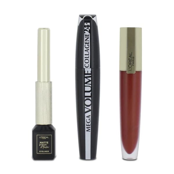 L’Oreal Collagene 24H Volume Black Mascara & Eyeliner Red Lipstick Set