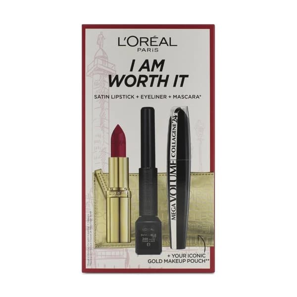 L’Oreal I Am Worth It Cosmetic Set with Eyeliner Mascara Lipstick