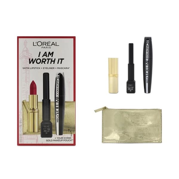 L’Oreal I Am Worth It Cosmetic Set with Eyeliner Mascara Lipstick