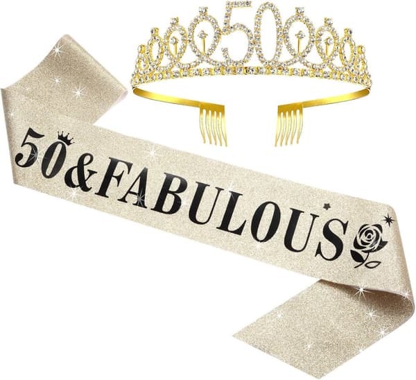 WILLBOND 50:e födelsedag skärp och tiara Set för 50 år, 50 & fantastiska skärp och krona festdekorationer (guld)