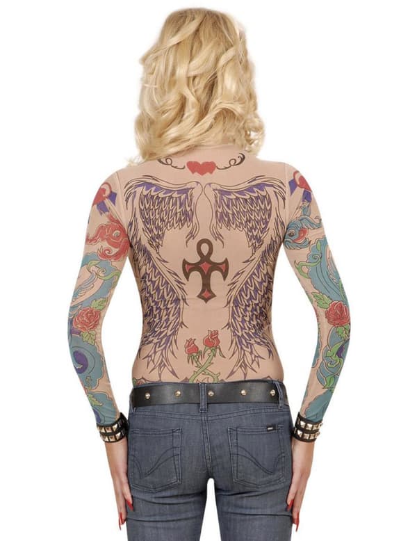 Damtopp med långärmad tatueringeffekt.Size-One size