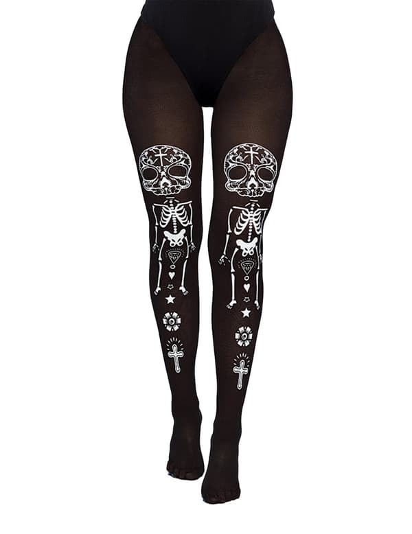 Dia de los muertos sorte og hvite skjeletttights for voksne.Size-One size