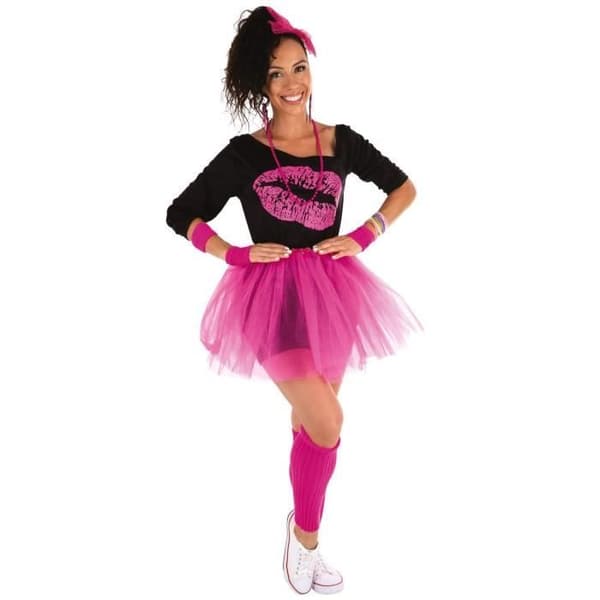 Kvinnlig 80-tals kostym i neonrosa - PTIT CLOWN - komplett kit med t-shirt, tutu och tillbehör