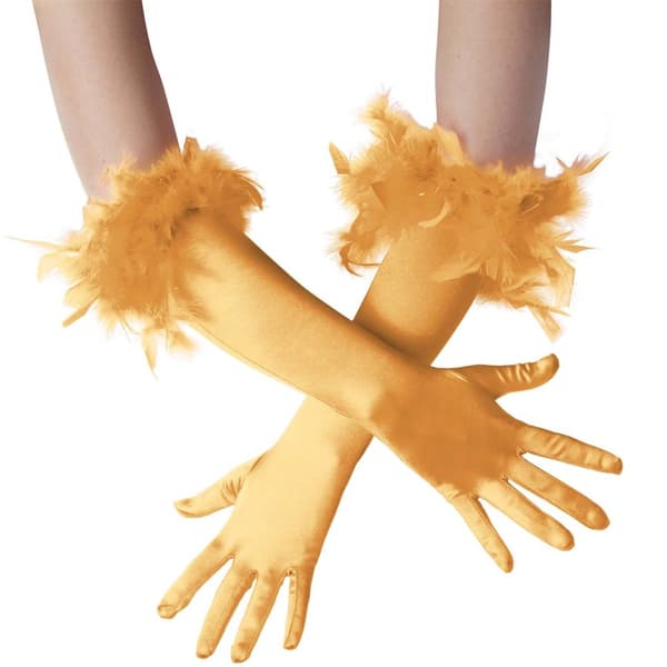 Lange satin-handsker med fjer - guld