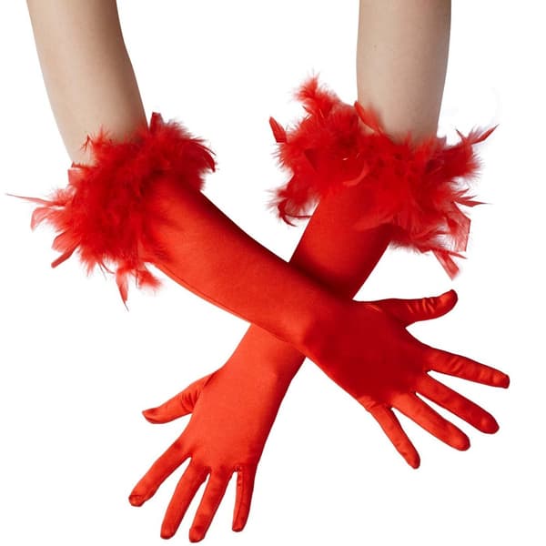Lange satin-handsker med fjer - rød