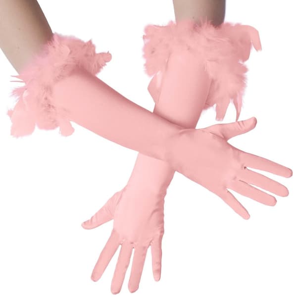 Lange satin-handsker med fjer - lyserød