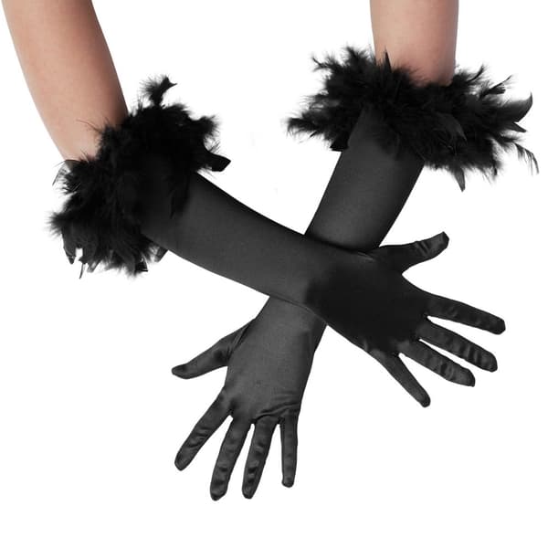 Lange satin-handsker med fjer - sort