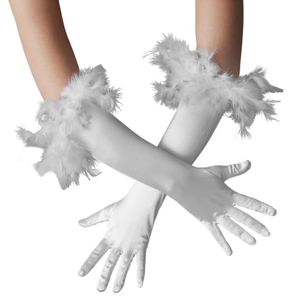 Lange satin-handsker med fjer - sølv