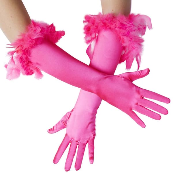 Långa satinhandskar med fjädrar - pink