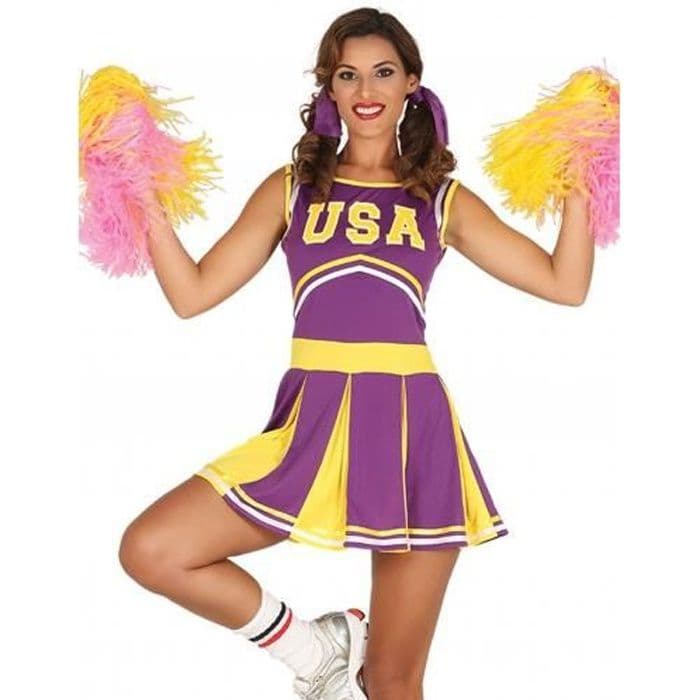 Lila och gul USA cheerleader kostym för kvinnor